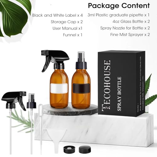 Tecohouse Small Glass Spray Bottles 4 OZ, 2 Pack Amber Glass Spray Bottles | Empty Spray Bottles for cleaning, Plants, Pets, Hair, Durable Spray Nozzle, Fine Mist, Labels, Funnel, Pipettes, Reusable - color: Amber