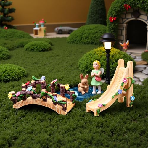 Kai Dream Miniature Fairy Garden Accessories Set, 2 Piece Resin Decorative Landscape Kit with Bridge and Slide, Floral Garden Ornaments - style: Slide, Bridge Set