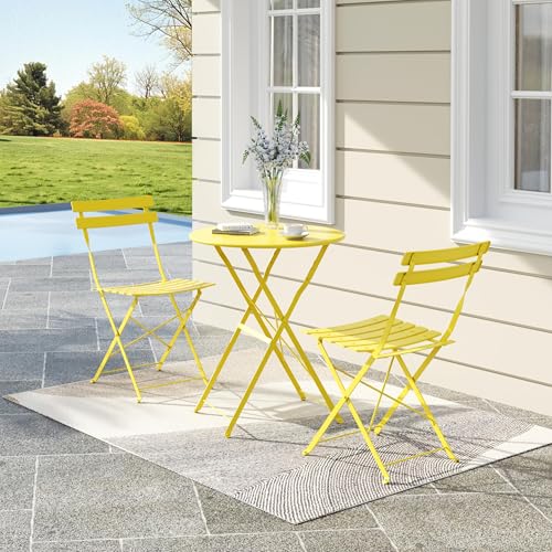 3-Piece Folding Bistro Set, Outdoor Patio Furniture Set with 2 Chairs & 1 Table, Space-Saving Foldable Balcony Garden Set with Heavy-Duty Powder-Coated Steel Frame, No Assembly Required, Yellow - color: Yellow, size: 3PCS