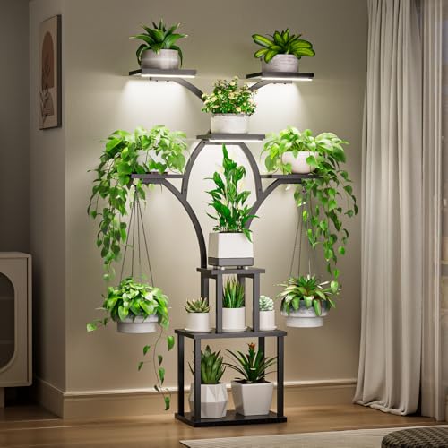 Elbourn 8 Tiered 60" Tall Plant Stand Indoor Shelf with Grow Lights (Black) - color: Black