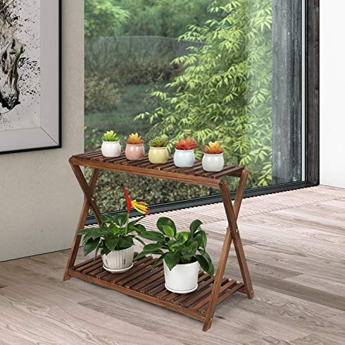Wood Plant Stand Shelf Indoor Outdoor 2 Tier Plant Bench Corner | Stepped Flower Stand Plant Table Planter Shelf Holder Rack in Patio Balcony Entryway Porch Livingroom (Classic X-Cross )