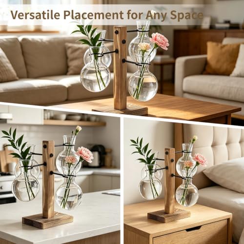 Hydroponic Plant Propagation Station, 4 Clear Round Glass Vases with Solid Wood Base, Mini Landscape Decor Set for Desktop Ornament, Home Garden Display, Ideal Choice for Plant Lovers