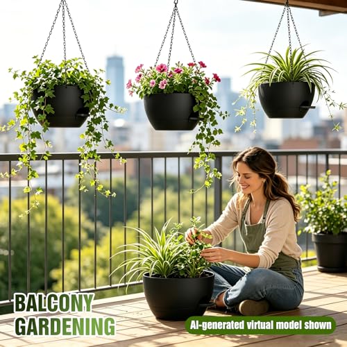 12 Inch Large Self Watering Hanging Planters 2 Pack with Saucers - color: Black, size: 12 Inch 2 Pack