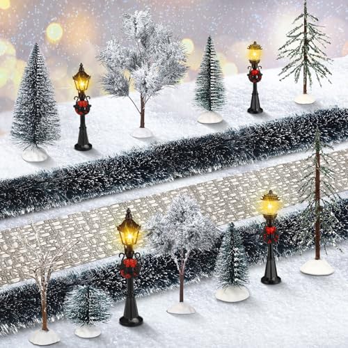 Hotop 18pc Christmas Village Accessories 47.2 Inch Village Roads Mini Snowy Trees Streets Light Lamppost Hedge Figurines Set for Display Winter Holiday Decorations DIY Crafts No Batteries(Trendy) - style: Trendy