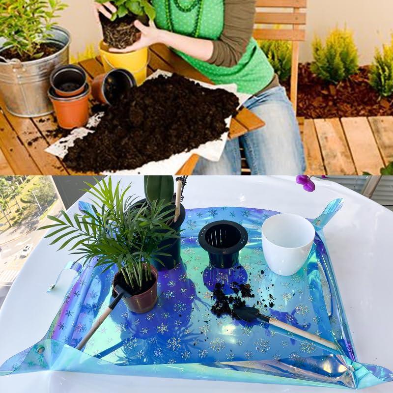 Kasepie Plant Repotting Mat, PVC, Foldable and Waterproof, Holographic Blue with Snowflake Design, 19 x 27 Inch (Blue+Fish Scale) - color: Blue+fish Scale