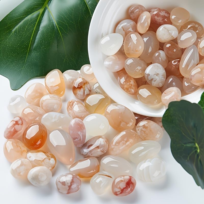 100g Natural Cherry Blossom Agate Stones, Polished Semi-Transparent Raindrop Pebbles 0.5-1 Inch, Pastel Earth Tone Gemstones for Aquarium Decoration Succulent Pots Hydroponic Plant Bases