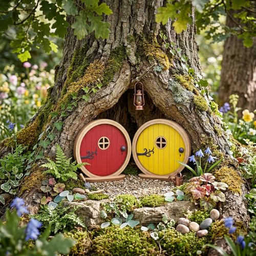 2 Pcs Fairy Doors for Trees Outdoor, Yellow & Red Boxwood Fairy Garden Door for Tree Trunk, Mini Gardens Sculpture Lawn Ornament, Gardens Miniatures (3.94 x 3.82 x 0.20 in)