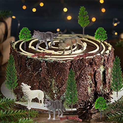 Sratte 26 Pcs Woodland Wolf Figurines Toys Small Wolf Figures with Model Trees Kit Playset Cake Toppers Diorama Project Kit for Kids Toddlers Birthday Gift Decor