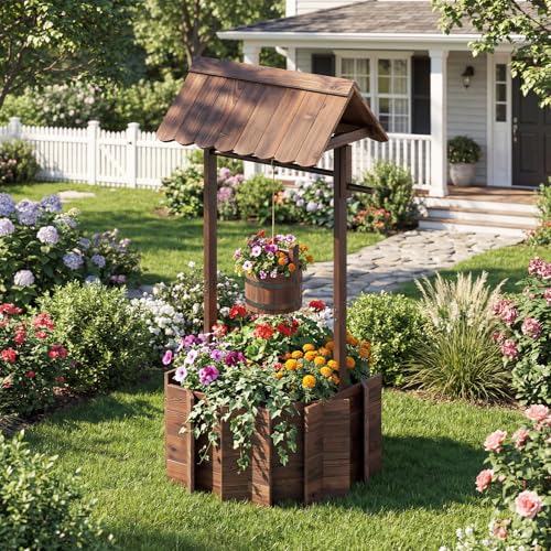 HAPPYGRILL Wooden Wishing Well Planter with Hanging Bucket | Flower Plants Planter, Outdoor Wishing Wells for Yard ,Wishing Well Planters for Outside, Home Decor