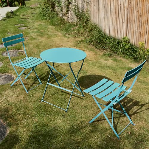 3 Pieces Bistro Set, Patio Table and Chairs Set,Peacock Blue | Weather and Rust Resistant,Steel Frame,Anti-slip Footpad,Foldable,Ideal for Poolside,Garden,Backyard,Front Porch,Balcony - color: Peacock Blue