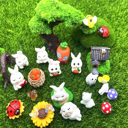 25PCS Mini Figurines Set with Rabbits - Mixed Resin Animals & Garden Decor with Mushroom, Ladybug, Bee, Butterfly for Fairy Garden, Terrarium, Plant Pot & Bunny Decor - style: 25PCS Farm Rabbit