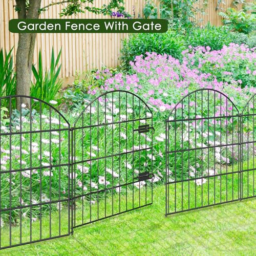 Metal Garden Fence with Gate 28 in x 37.3 ft, Dog Fence Outdoor for Yard - size: 28"Hx37.3ft (Gate+15Panels)