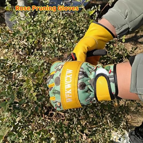 Cow Leather Adjustable Thorn Proof Gardening Gloves - color: Yellow-green, size: Small