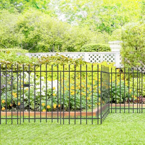 Decorative Metal Garden Fence with Gate 36" x 10', Dog Fence Outdoor | 1 Gate + 4 panels, Wrought Iron Fencing with Stakes for Yard & Backyard, No-Dig Fence with Roman Column Decor, Black - size: 36″H x 10ft (1Gate+4Panels)