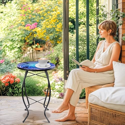 MUMTOP Patio Side Table,14" Mosaic Outdoor Side Table Accent End Table | Small Outdoor Table with Glass Top, Waterproof & Rust-Resistant Metal Frame Round End Table for Garden, Backyard,Sky Blue - color: Starry Sky