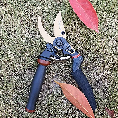 gonicc 8.5" Professional Rotating Bypass Titanium Pruning Shears(GPPS-1014) | Secateurs, Scissors, Pruners with Heavy Duty SK5 Blade. Soft Cushion Grip Handle for Everyone. - color: Golden Rotating Titanium Bypass Pruning Shears