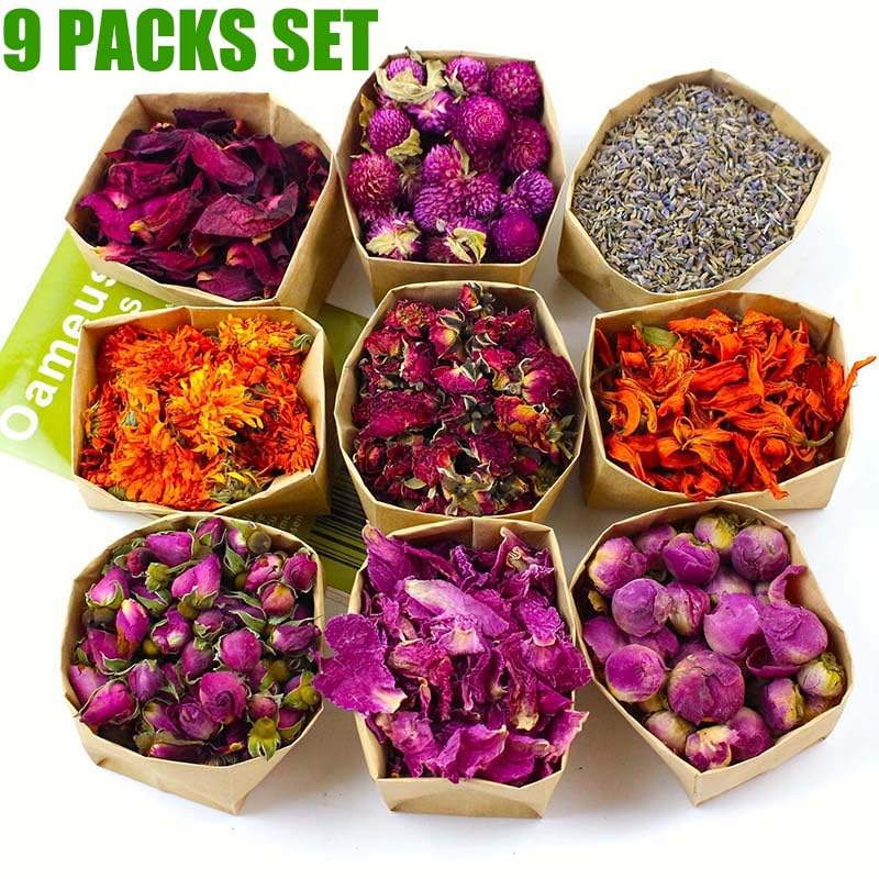 9 Bags Set Dried Flowers - Candle Making Soap Making DIY Candel Natural Flowers-,Lily,Don't Forget Me,Lavender,Mint Leaf,Rose Petal, Red Rose,Globe Amaranth,Chrysanthemum. - color: Stylea 9 Bags*0.3oz