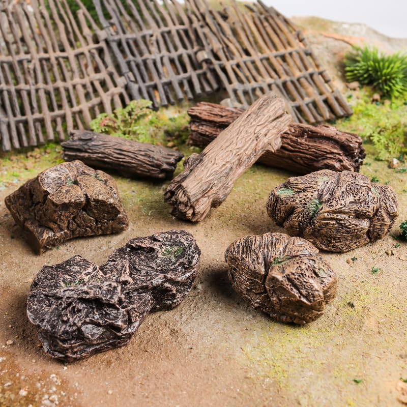 7pcs Diorama Supplies Fake Rocks, Artificial Garden Figurines Tree Stump, Scene Accessories Stone Stumps Statue Ornaments for Micro Train Railway Sand Table Landscape - style: Rocks and Tree Stump