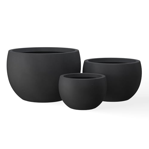 Kante Set of 3 Black Concrete Bowl Planters 20" 15.7" 11.8" Dia | Drainage for Outdoor, Rubber Plug for Indoor Home, All-Weather Cement Pot, Handcraft, Lightweight & Durable, Anti-UV, Round - color: Black, size: 19.9"D + 15.7"D + 11.8"D