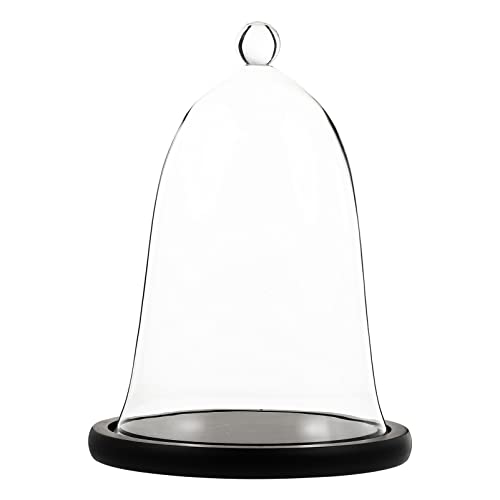 Cupcake Clear Glass Dome Cloche with Rustic Wooden Base Antique Bell Jar Display Dome for Plants Succulents Fairy Lights Photos Medals Decorative Fill and More Black Mini Cake Stand