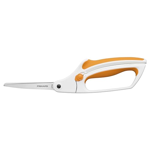 Fiskars 10" Easy Action Bent Handle Scissors for Fabric & Sewing | No. 8 Precision Stainless Steel Blades for Clean Tabletop Cutting, Spring-Assisted Bent Handle Reduces Hand Fatigue, SoftGrip - style: Bent Handle Stainless Steel Easy Action