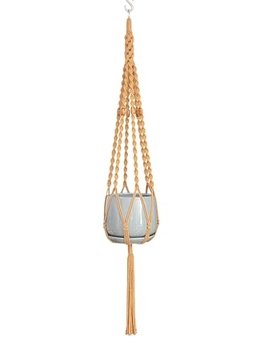 6 Legs Macrame Natural Brown Cotton Plant Hanger & Holder and Metal Ring, 51-inches Length (Without The White Pot and Plant) (Brown)