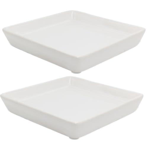 Square Ceramic Plant Saucer Tray 2 Pcs 8 9 10 Inch White, 9.3" OD x8.3 ID x1.3 Deep, Sturdy Heavy Duty Glazed Planter Drip Flower pots with Catch Basin for Indoor Outdoor Plants(10" White) - color: White, size: 10"(2pack)