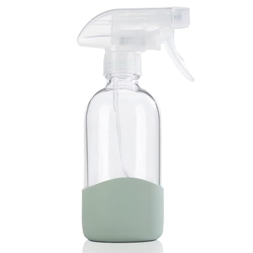 HOMBYS 8 Oz Empty Clear Glass Spray Bottles with Silicone Sleeve Protection Refillable Containers for Cleaning Solutions, Essential Oils, Misting Plants - Quality Sprayer - 1 Pack Boston Bottles