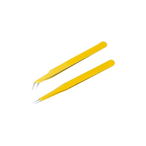 MAXLEAF 2pcs Stainless Tweezers Straight Curved Tweezers for Stickers Eyelash Extensions Precision Electronics Nail Rhinestone Jewelry, Scrapbooking Tools (Yellow) - color: Yellow