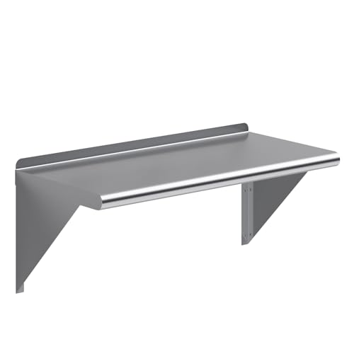 AmGood 14 in. x 30 in. Stainless Steel Wall Mount Shelf - NSF Certified, Commercial Grade, 18-Gauge - Holds up to 255 lbs - with Backsplash & Bullnose Edge for Kitchen, Restaurant, Garage - size: 30" Long X 14" Deep