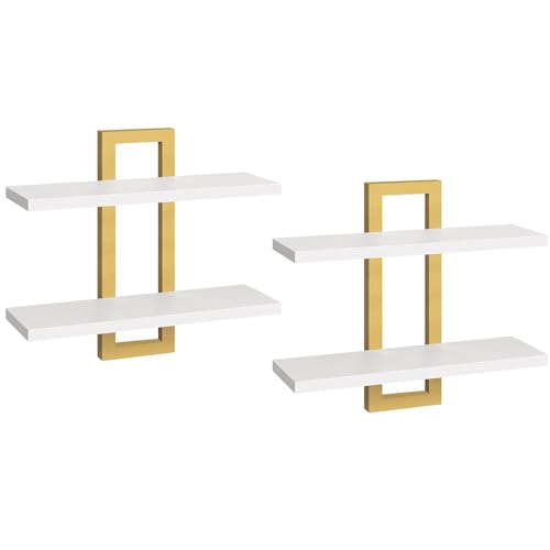 HOOBRO Floating Shelves, 15 Inch Wall Shelf Set of 2, Wall Mounted Storage Shelves 2-Tier, Hanging Bathroom Shelves, for Living Room, Bedroom, Bathroom, Kitchen, White and Gold DW32BJ01 - color: White + Gold