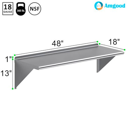 AmGood 18 in. x 48 in. Stainless Steel Wall Mount Shelf - NSF Certified, Commercial Grade, 18-Gauge - Holds up to 385 lbs - with Backsplash & Bullnose Edge for Kitchen, Restaurant, Garage - size: 18 in. x 48 in.