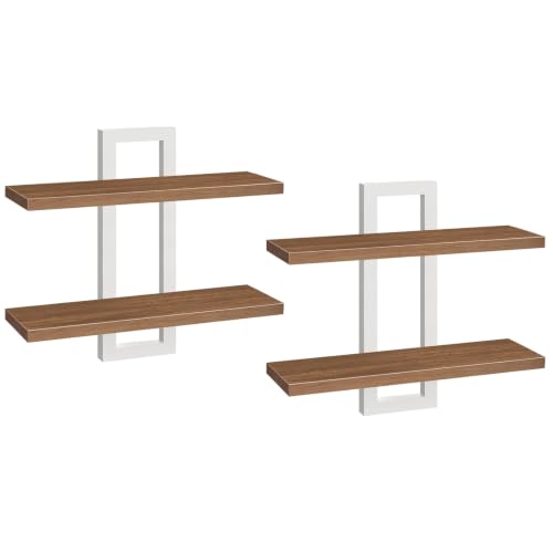 HOOBRO 2-Tier Floating Shelves, 15 Inch Wall Shelf Set of 2 - color: Walnut + White