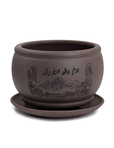 Dahlia 4.8" Beautiful Scenery Zisha Bonsai Planter/Succulent Pot/Flower Pot w. Saucer, Dark Brown - color: Style 21: Dark Brown