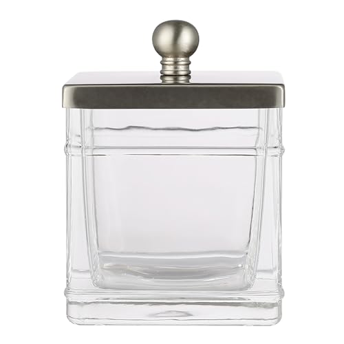 Clear Transparent Hotel Style Apothecary Tempered Glass Canister Jar W/ Matte Black Metal Lid Cover, Classic Countertop Organizer for Cotton balls/pads, Floss Picks, Makeup Storage - color: Nickel