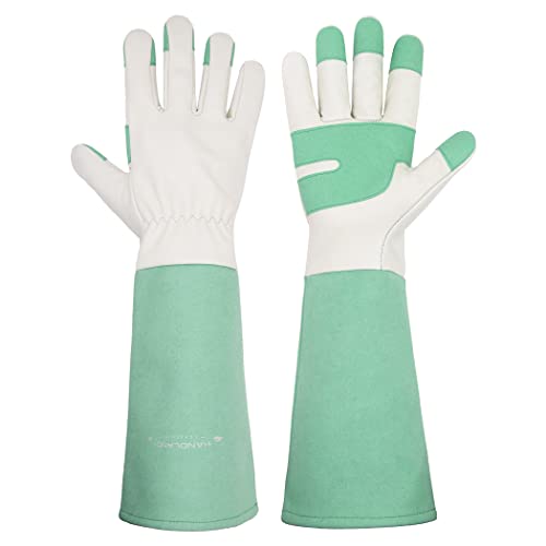 HANDLANDY Ladies Leather Gardening Gloves, Thorn Proof Women Long Rose Gloves (Light green, Large) - color: Light Green, size: Large (Pack of 1)