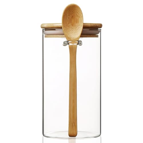 34 oz/1000 ml Glass Storage Canister with with Airtight Lid, Cute Clear Decorative Container Jar with Wooden Spoon for Coffee Spice Candy Salt Cookie Condiment Sugar Matcha Tea Overnight Oats - color: 34 oz/1000 ml | 1pcs