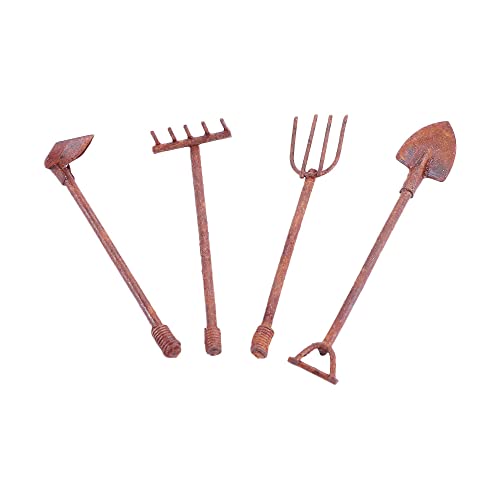 4 Pcs/Set Miniature Dollhouse Garden Tools 1:12 Mini Rusty Shovel Hoe and Pitchfork Fairy Garden Accessories Furniture Ornaments Micro Landscape Decor (1.96~2.16Inch Long x 0.39Inch Wide)