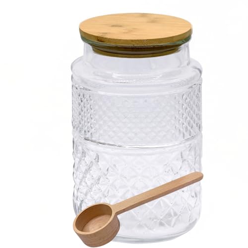 Viovian Vintage Glass Jar with Lid Wood Spoon 60 OZ Round Thick Glass Storage Jars Airtight Lids Decorative Canister Container for Food Candy Cookie Sugar Coffee Tea Nuts Snack Bath Salt - color: Clear, size: Round 60 oz
