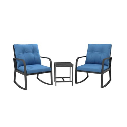 Bistro 3 Piece Patio Furniture Set, Patio Table and Rattan Outdoor Rocking Chairs Set of 2, Outdoor Bistro Conversation Set for Garden, Balcony, Poolside, Backyard, Blue - color: Blue