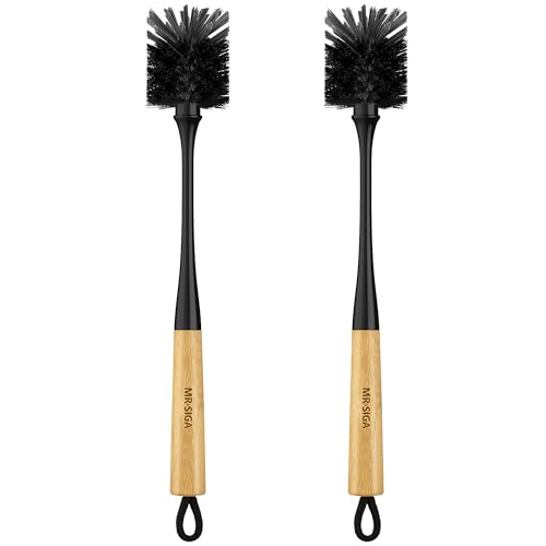 MR.SIGA Water Bottle Brush, Long Handle Bottle Brush for Sports Bottles | bottle brushes for cleaning, drinking glasses brush with bamboo handle, 5.7 cm(2.2 inch) wide brush head, 2 pack - color: Black