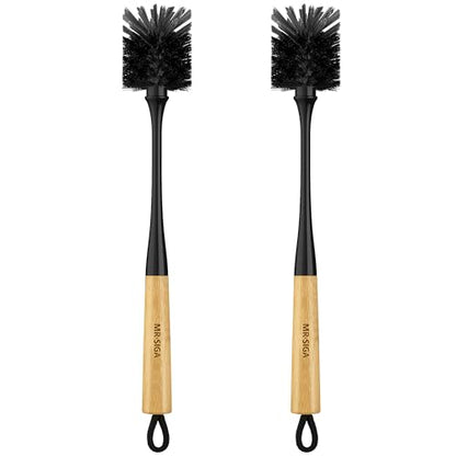 MR.SIGA Water Bottle Brush, Long Handle Bottle Brush for Sports Bottles | bottle brushes for cleaning, drinking glasses brush with bamboo handle, 5.7 cm(2.2 inch) wide brush head, 2 pack - color: Black