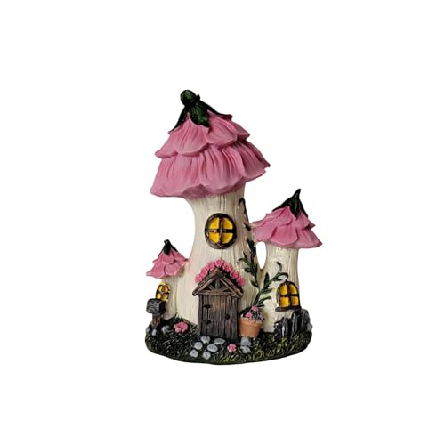Mushroom Fairy House, Resin Pink Fairy Garden Statue, Outdoor Garden Decor for Patio Lawn, Fairy Door Accents for Balcony Backyard, Unique Funny Garden Gifts