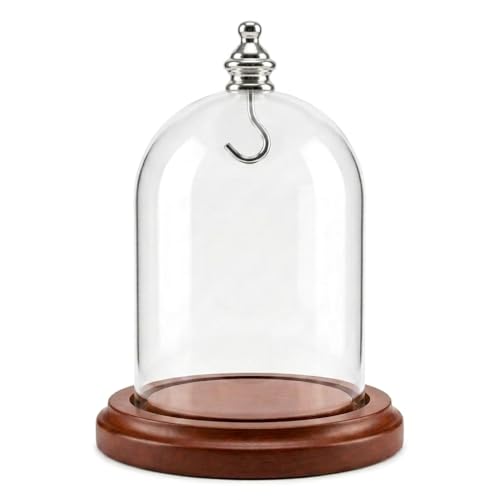 3 x 4 Pocket Watch Glass Display Dome Cloche, Silver Knob & Hook, Walnut Stained Base