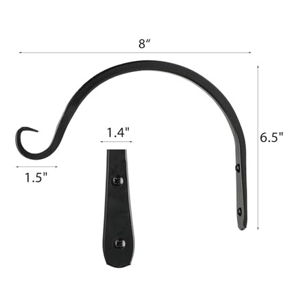 Worth Garden 6-Pack 8" Plant Hanger Bracket - Hand-Forged Wrought Iron Powder-Coated Heavy Duty Wall Hooks - Black Curved Plant Hanging Hooks for Bird Feeders, Flower Baskets, Indoor & Outdoor Use - size: 8" Length