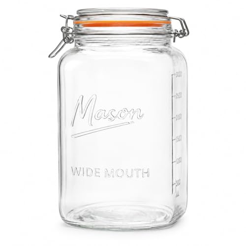 1 Gallon Glass Jar with Swing Top Lid - Extra Large Mason Jar Wide Mouth with Airtight Glass Clamp Lid - Square Glass Storage Container with Measurements for Flour, Sugar, Cookies & Pickling