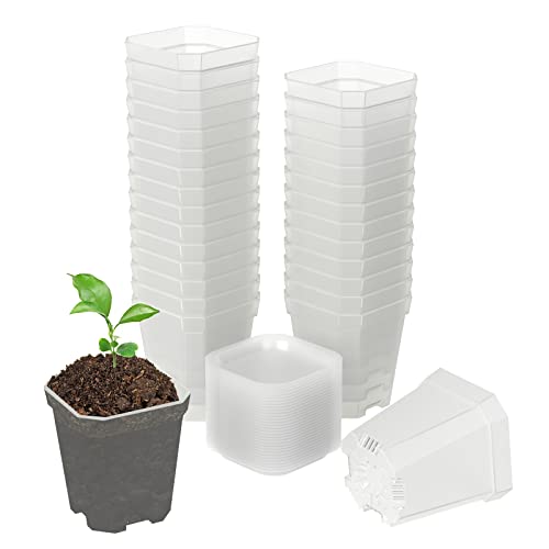 30Pcs 3" Clear Nursery Pots with Saucers, Thick Plastic Square Plant Pot | 3 inch Outdoor Garden Flower Planting Pot, Seedling Planter Seed Starter Pots - color: Clear