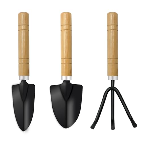 Mini Garden Tools for House Plants,Small Trowel,Mini Shovel and Hand Rake | Small Garden Tools for Succulent,Bonsai,Pot Plants,Rust-Resistant Heads;Non-Slip Wooden Handles,Repotting and Soil Loosening