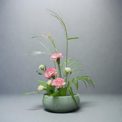 Ikebana Kit, Bowl, with 1.8in Floral Frog | Japanese Flower Vase, Ikebana Vase, Flower Frog Kit, for Hydroponic, Water Lotus Bowl, Japanese Floral Arrangement - color: Crackle Celadon