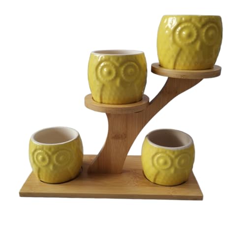 Blisse Ceramic/Wood Decorative Owl Planter for Succulents, Cactus, and Other Small Flowers, Set of 4 Same Colored Owls (Yellow) - color: Yellow